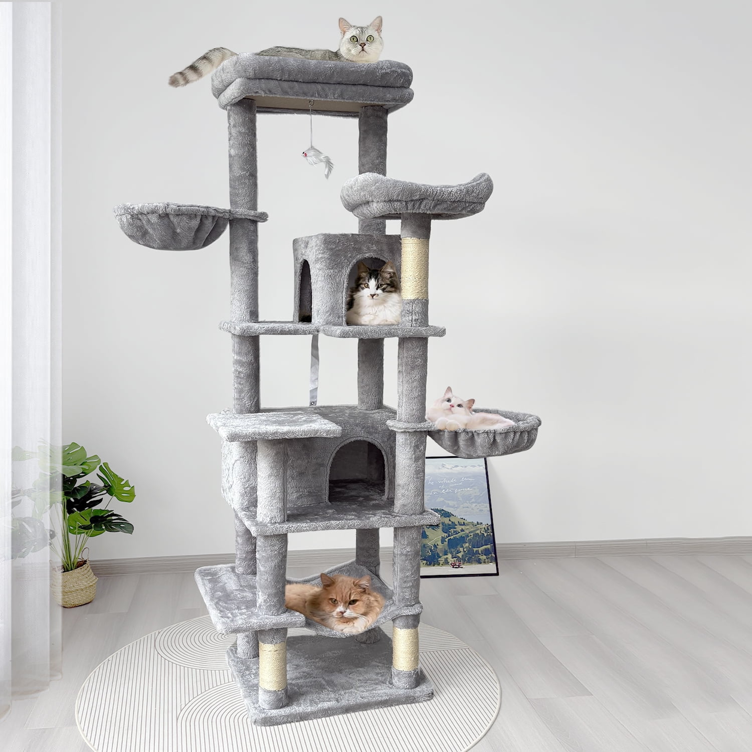 68in Tall Multi-Level Green & Grey Cat Tree with Hammocks, Hanging Basket, Cat Cave, Removable Cushions & Scratching Posts, Plush Cat Tower for Indoor Multiple Cats