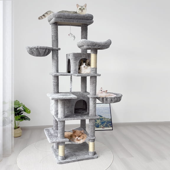 68in Tall Multi-Level Green & Grey Cat Tree with Hammocks, Hanging Basket, Cat Cave, Removable Cushions & Scratching Posts, Plush Cat Tower for Indoor Multiple Cats