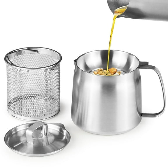 68oz/2L 304 Stainless Steel Oil Filter Pot, Bacon Grease Saver with Strainer & Deep Fryer Basket, Multifunctional Grease Container for Kitchen Compatible with All Cooktops, Dishwasher Safe