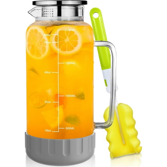 68oz Glass Pitcher with Lid, 2 Liter Water Carafe Silicone Base and Precise Scale Line, Ice Tea for Fridge, Anti-Slip Jug Sun Juice Coffee Milk Beverage (Grey)