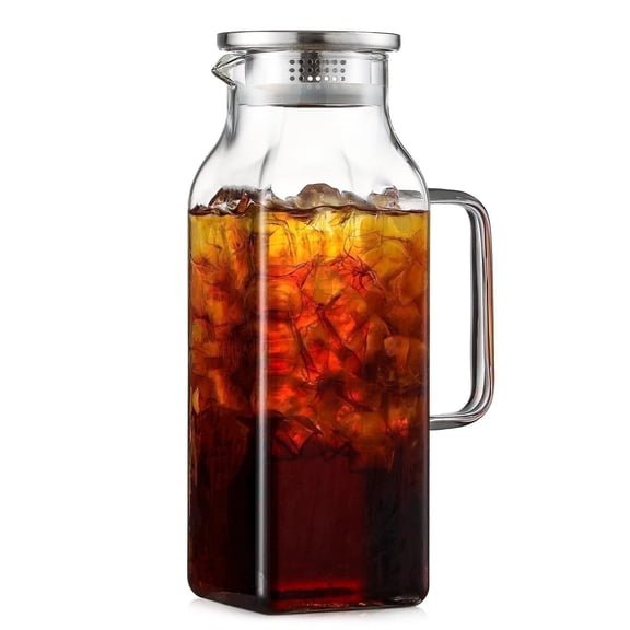 68oz Glass Pitcher,Square Water Pitcher with Lid and Handle,Coffee Beverage Serveware Iced Tea Pitcher,Glass Jug Carafe Infuser for Fridge Hot/Cold Drinks