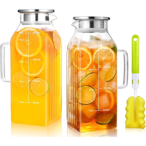 68oz Glass Water Pitcher for Fridge, 2 Liter Ice Tea Quart Square Iced Pitchers with Lid, Borosilicate Carafe Hot/Cold Beverage Coffee Juice, Pack