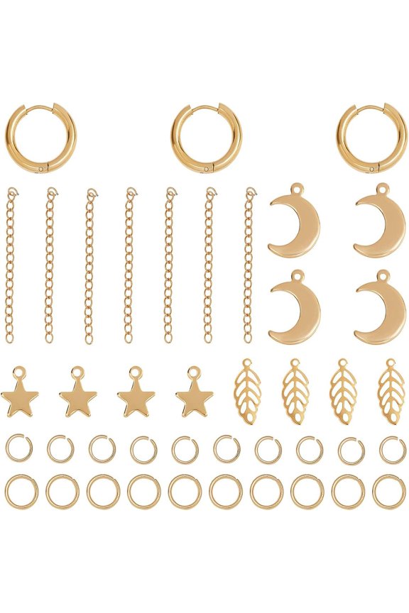 68pcs Dangle Earring Kits Stainless Steel Hoop Earring Chain Extender Leaf/Star/Moon Pendants Jump Rings for Earring Kit Jewelry