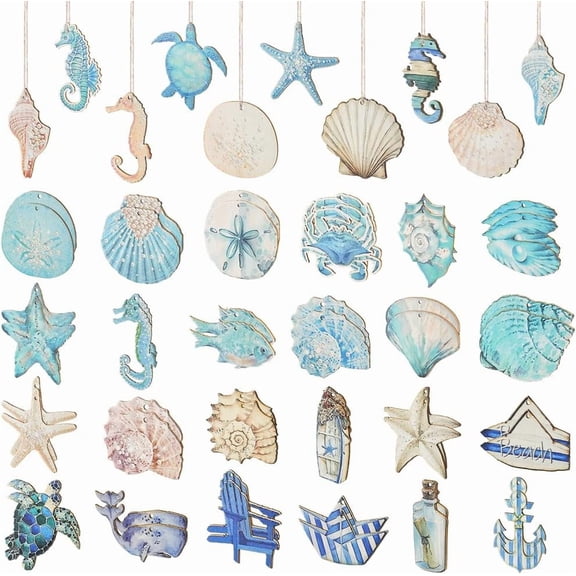 68pcs Summer Ocean Theme Wood Cutouts Sea Animal Hanging Decorations 34 Styles Seashell Seahorse Starfish Nautical Hanging Ornaments with Ropes