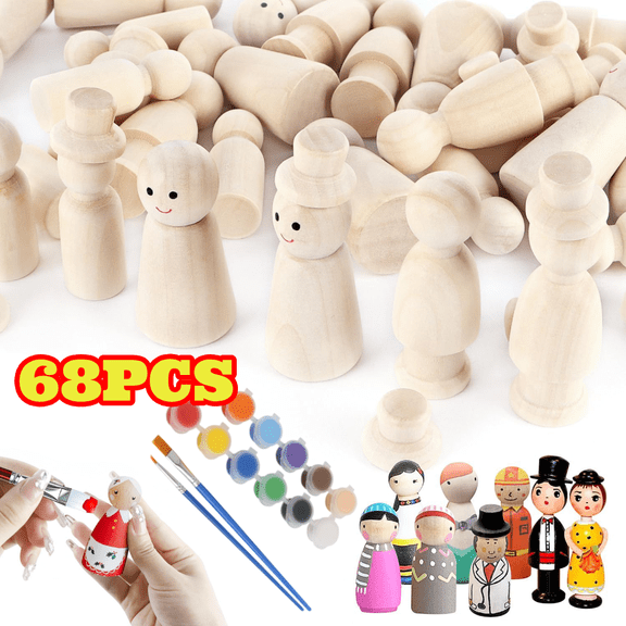 68pcs Wooden Figures Dolls with Colors & Paint Brushes, Unfinished Wooden Peg Dolls for Painting and Crafts, for Wedding Birthday Party Decoration
