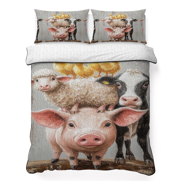 Twin Quilt Bedding Set Farm Pig Cow Sheep Chick Breathable Summer Cooling Blanket for Hot Sleepers, Retro Rustic Animal Lightweight Soft Bedding Set with 2 Pillow Shams for All Season