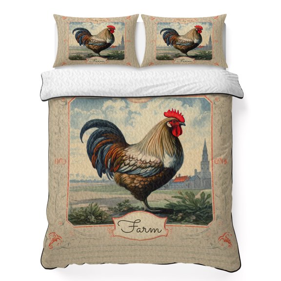Twin Quilt Bedding Set Farmhouse Rustic Animal Rooster Breathable Summer Cooling Blanket for Hot Sleepers, Vintage Flower Texture Lightweight Soft Bedding Set with 2 Pillow Shams for All Season