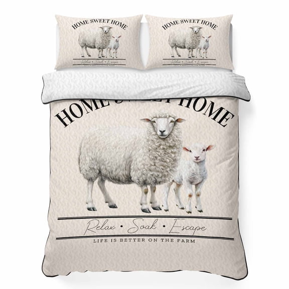 Twin Quilt Bedding Set Rustic Animal Farmhouse Sheep Breathable Summer Cooling Blanket for Hot Sleepers, Sweet Home Quote on Beige Lightweight Soft Bedding Set with 2 Pillow Shams for All Season