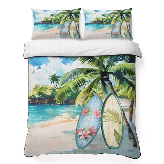 Twin Quilt Bedding Set Summer Beach Surfing Coconut Tree Breathable Summer Cooling Blanket for Hot Sleepers, Watercolor Oil Painting Art Soft Bedding Set with 2 Pillow Shams for All Season