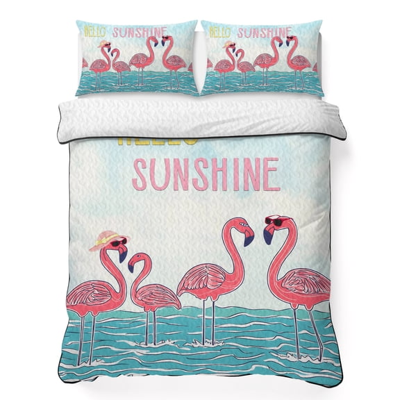 Twin Quilt Bedding Set Summer Watercolor Flamingos Breathable Summer Cooling Blanket for Hot Sleepers, Ocean Wave Sunshine Lightweight Soft Bedding Set with 2 Pillow Shams for All Season