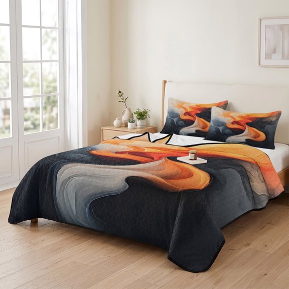 68x98in Quilt Bedding Set, Abstract Black White Orange Fog Lightweight Coverlet Summer Comforter Set Soft Microfiber Bedspread, Modern Flame Psychedelic Art 3 Piece Quilt Set with 2 Pillow Shams