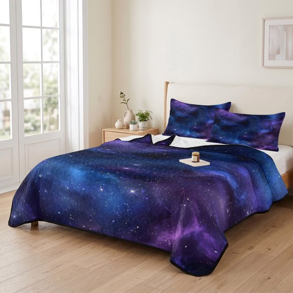 68x98in Quilt Bedding Set, Abstract Blue Purple Starry Sky Lightweight Coverlet Summer Comforter Set Soft Microfiber Bedspread, Modern Stars Milky Way 3 Piece Quilt Set with 2 Pillow Shams