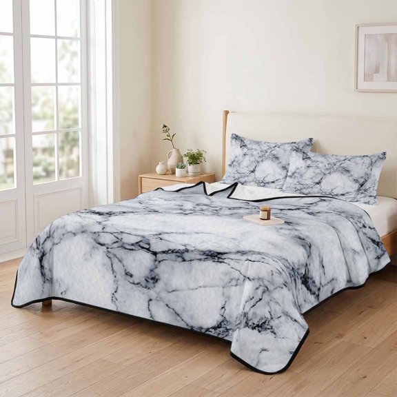 68x98in Quilt Bedding Set, Abstract Marble Stone Texture Lightweight Coverlet Summer Comforter Set Soft Microfiber Bedspread, Natural Crack Gray Rock 3 Piece Quilt Set with 2 Pillow Shams