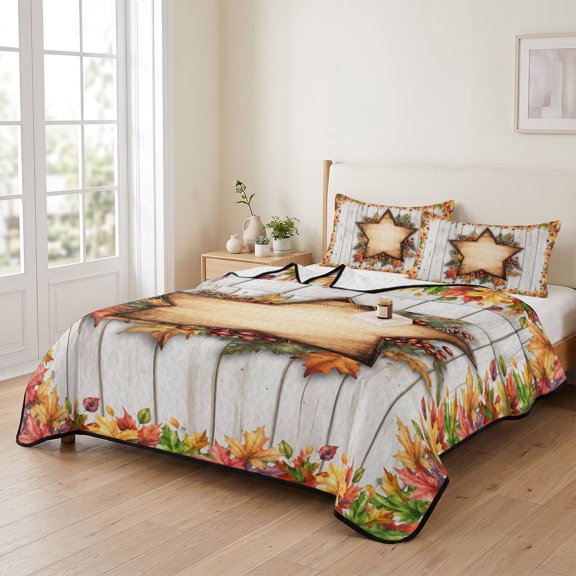68x98in Quilt Bedding Set, Autumn Maple Leaf on Wood Grain Lightweight Coverlet Summer Comforter Set Soft Microfiber Bedspread, Pine Cones Leaves 3 Piece Quilt Set with 2 Pillow Shams