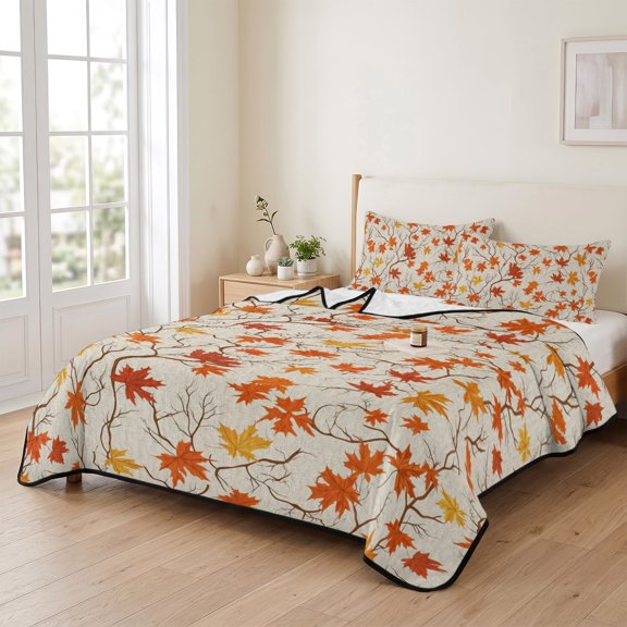 68x98in Quilt Bedding Set, Autumn Orange Maple Leaves Lightweight Coverlet Summer Comforter Set Soft Microfiber Bedspread, Thanksgiving Leaf Burlap 3 Piece Quilt Set with 2 Pillow Shams