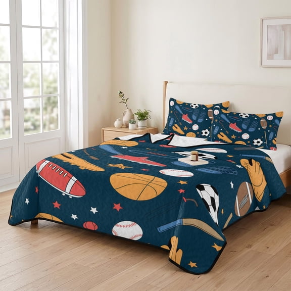 68x98in Quilt Bedding Set, Cartoon Sports Elements Lightweight Coverlet Summer Comforter Set Soft Microfiber Bedspread, Soccer Baseball Rugby 3 Piece Quilt Set with 2 Pillow Shams All Seasons Use