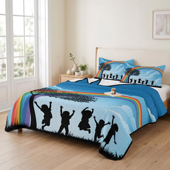 68x98in Quilt Bedding Set, Children's Day Silhouettes Lightweight Coverlet Summer Comforter Set Soft Microfiber Bedspread, Sky Rainbow Trees 3 Piece Quilt Set with 2 Pillow Shams All Seasons Use
