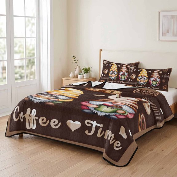 68x98in Quilt Bedding Set, Coffee Time Gnomes Lightweight Coverlet Summer Comforter Set Soft Microfiber Bedspread, Ququ Cookies Donut Dwarfs 3 Piece Quilt Set with 2 Pillow Shams All Seasons Use