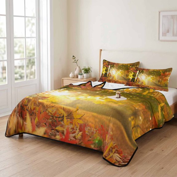 68x98in Quilt Bedding Set, Countryside Autumn Maple Leaf Lightweight Coverlet Summer Comforter Set Soft Microfiber Bedspread, Fall Sunset Woods 3 Piece Quilt Set with 2 Pillow Shams All Seasons Use