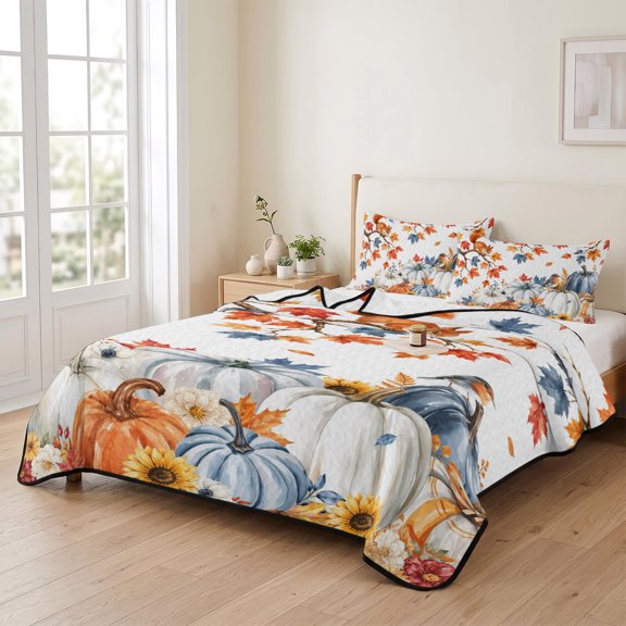 68x98in Quilt Bedding Set, Fall Maple Leaf Flower Squirrel Lightweight Coverlet Summer Comforter Set Soft Microfiber Bedspread, Thanksgiving Pumpkin Plant 3 Piece Quilt Set with 2 Pillow Shams