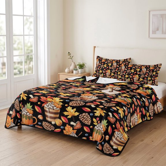 68x98in Quilt Bedding Set, Fall Maple Leaf Thanksgiving Pinecone Lightweight Coverlet Summer Comforter Set Soft Microfiber Bedspread, Farm Mushroom Coffee 3 Piece Quilt Set with 2 Pillow Shams