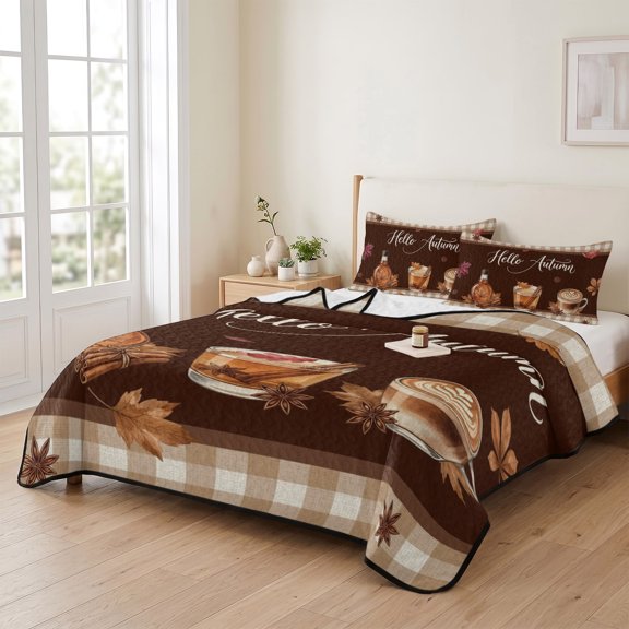 68x98in Quilt Bedding Set, Fall Thanksgiving Maple Leaves Lightweight Coverlet Summer Comforter Set Soft Microfiber Bedspread, Country Latte Coffee 3 Piece Quilt Set with 2 Pillow Shams