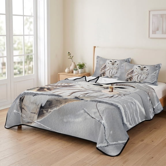 68x98in Quilt Bedding Set, Farmhouse Owl on Tree Branch Lightweight Coverlet Summer Comforter Set Soft Microfiber Bedspread, Winter Bird Natural Scenery 3 Piece Quilt Set with 2 Pillow Shams