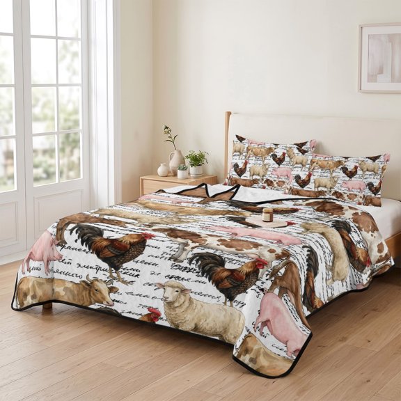 68x98in Quilt Bedding Set, Farmhouse Sheep Pig Chicken Cow Lightweight Coverlet Summer Comforter Set Soft Microfiber Bedspread, Farm Animal Letter Back 3 Piece Quilt Set with 2 Pillow Shams