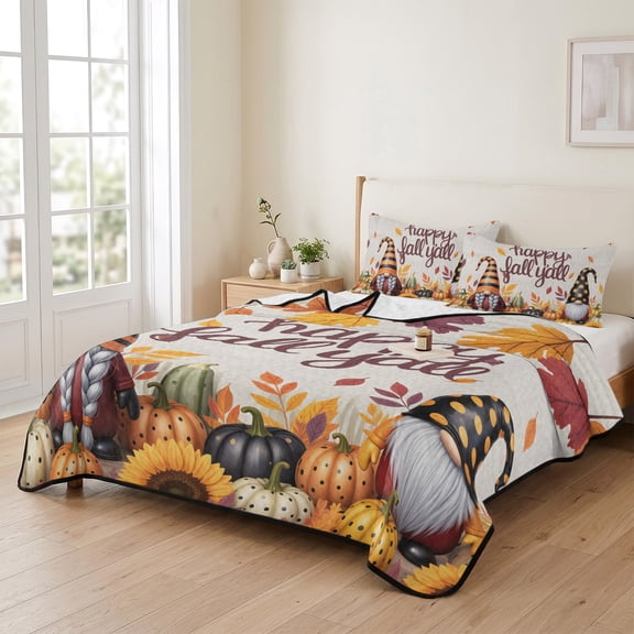 68x98in Quilt Bedding Set, Happy Fall Yall Gnome Maple Leaves Lightweight Coverlet Summer Comforter Set Soft Microfiber Bedspread, Retro Orange Pumpkin 3 Piece Quilt Set with 2 Pillow Shams