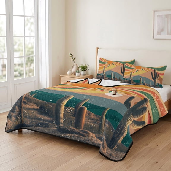 68x98in Quilt Bedding Set, Mid Century Desert Cactus Tropical Plant Lightweight Coverlet Summer Comforter Set Microfiber Bedspread, Retro Simple Abstract Art 3 Piece Quilt Set with 2 Pillow Shams