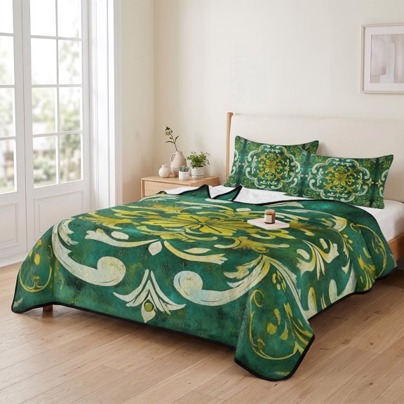 68x98in Quilt Bedding Set, National Abstract Pattern on Turquoise Lightweight Coverlet Summer Comforter Set Soft Microfiber Bedspread, Impressionist Style 3 Piece Quilt Set with 2 Pillow Shams