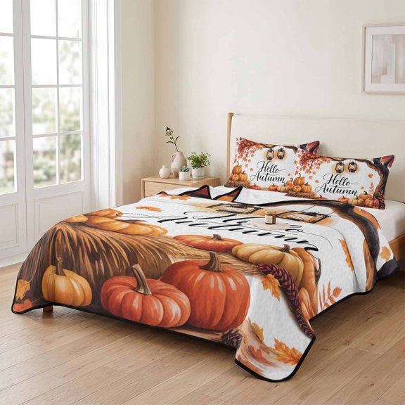 68x98in Quilt Bedding Set, Pumpkin Thanksgiving Maple Leaf Lightweight Coverlet Summer Comforter Set Soft Microfiber Bedspread, Fall Country Pinecone 3 Piece Quilt Set with 2 Pillow Shams