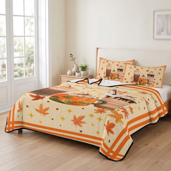 68x98in Quilt Bedding Set, Retro Autumn Latte Maple Leaf Lightweight Coverlet Summer Comforter Set Soft Microfiber Bedspread, Stars on Yellow Background 3 Piece Quilt Set with 2 Pillow Shams