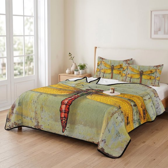 68x98in Quilt Bedding Set, Retro Country Dragonfly Lightweight Coverlet Summer Comforter Set Soft Microfiber Bedspread, Abstract Farm Animal 3 Piece Quilt Set with 2 Pillow Shams All Seasons Use