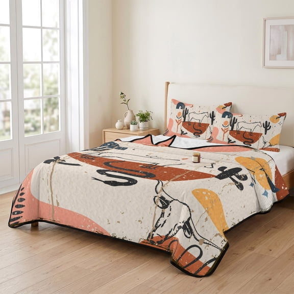 68x98in Quilt Bedding Set, Retro Cowboy Abstract Geometric Lightweight Coverlet Summer Comforter Set Soft Microfiber Bedspread, Desert Cactus Horse 3 Piece Quilt Set with 2 Pillow Shams