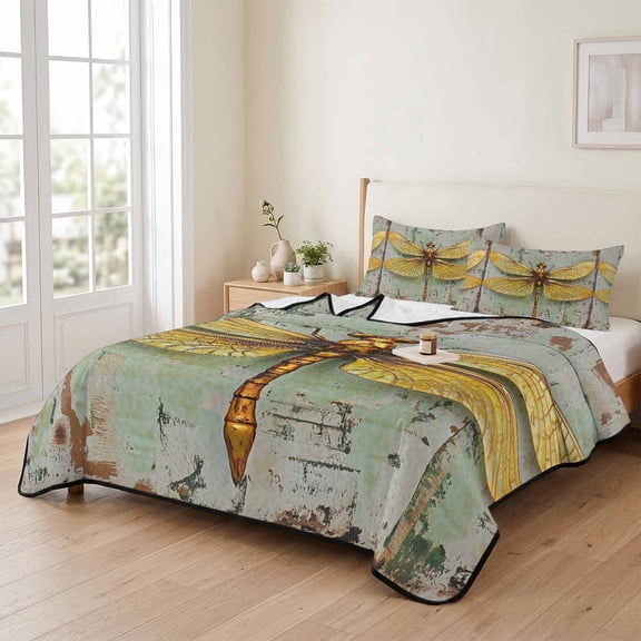 68x98in Quilt Bedding Set, Retro Farm Dragonfly Shabby Wall Lightweight Coverlet Summer Comforter Set Soft Microfiber Bedspread, Modern Insects Art 3 Piece Quilt Set with 2 Pillow Shams