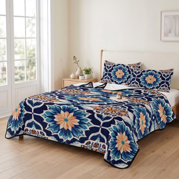 68x98in Quilt Bedding Set, Retro Moroccan Geometric Texture Lightweight Coverlet Summer Comforter Set Soft Microfiber Bedspread, Abstract Blue Flower 3 Piece Quilt Set with 2 Pillow Shams