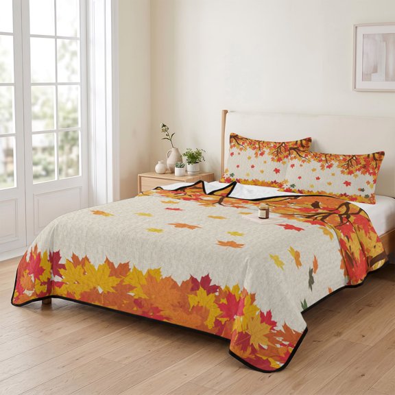68x98in Quilt Bedding Set, Retro Thanksgiving Maple Leaf Lightweight Coverlet Summer Comforter Set Soft Microfiber Bedspread, Country Leaves 3 Piece Quilt Set with 2 Pillow Shams All Seasons Use