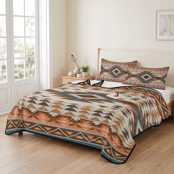 68x98in Quilt Bedding Set, Southwestern Ethnic Geometric Art Lightweight Coverlet Summer Comforter Set Soft Microfiber Bedspread, Rustic Tribal Native Arrows 3 Piece Quilt Set with 2 Pillow Shams