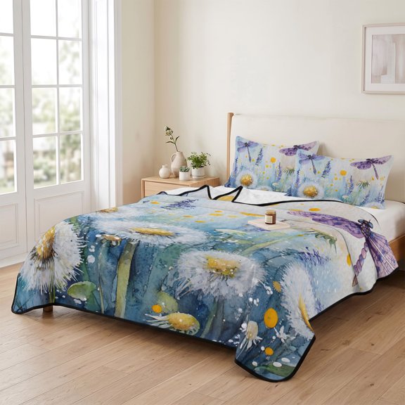 68x98in Quilt Bedding Set, Spring Dandelion Plant Dragonfly Lightweight Coverlet Summer Comforter Set Soft Microfiber Bedspread, Fantasy Pastoral Flowers 3 Piece Quilt Set with 2 Pillow Shams