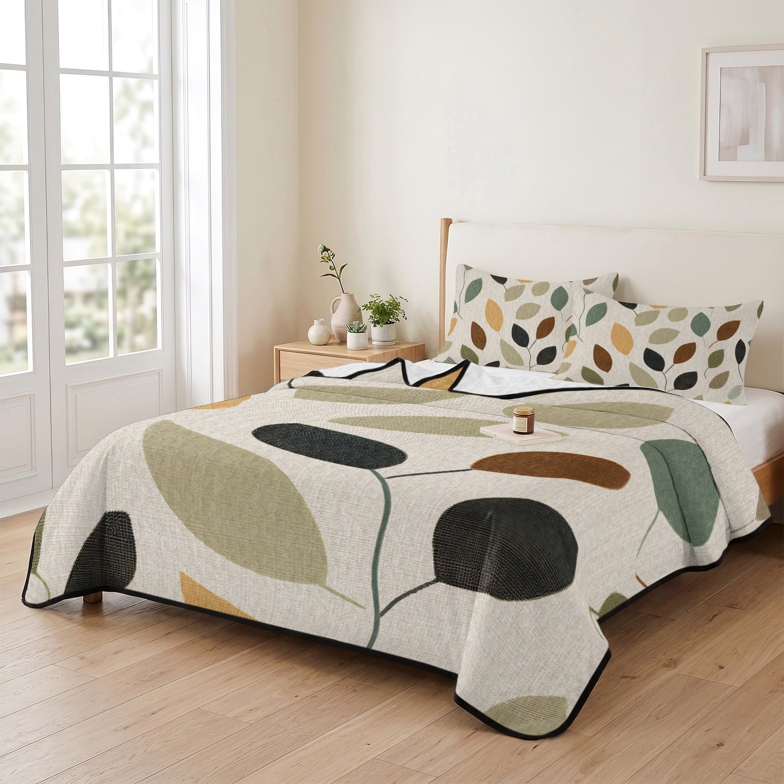 68x98in Quilt Bedding Set, Spring Pastoral Colorful Leaves on Linen ...