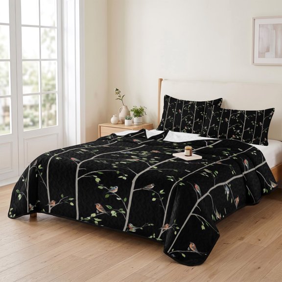 68x98in Quilt Bedding Set, Spring Sparrows on Branches Lightweight Coverlet Summer Comforter Set Soft Microfiber Bedspread, Abstract Country Bird 3 Piece Quilt Set with 2 Pillow Shams