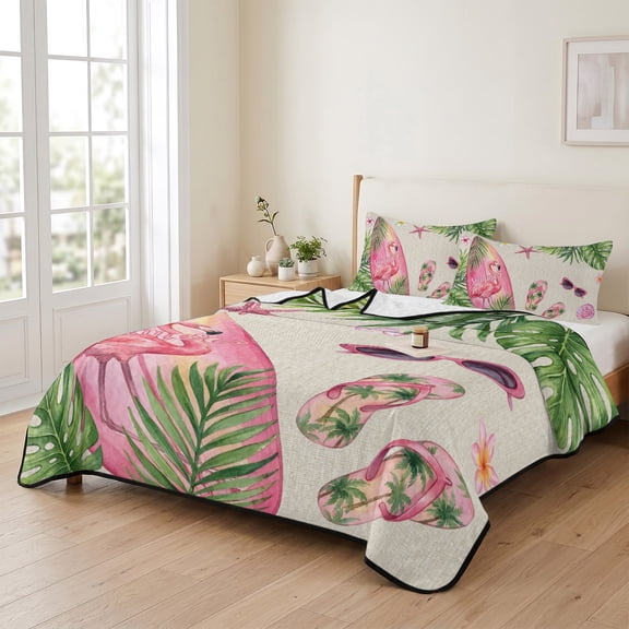 68x98in Quilt Bedding Set, Summer Beach Surfboards Slipper Lightweight Coverlet Summer Comforter Set Soft Microfiber Bedspread, Ocean Flower Leaf Retro Linen 3 Piece Quilt Set with 2 Pillow Shams