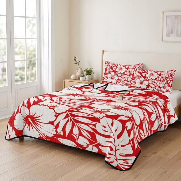 68x98in Quilt Bedding Set, Summer Hibiscus Monstera Palm Leaf Lightweight Coverlet Summer Comforter Set Soft Microfiber Bedspread, Tropical Flower Leaves on Red 3 Piece Quilt Set with 2 Pillow Shams