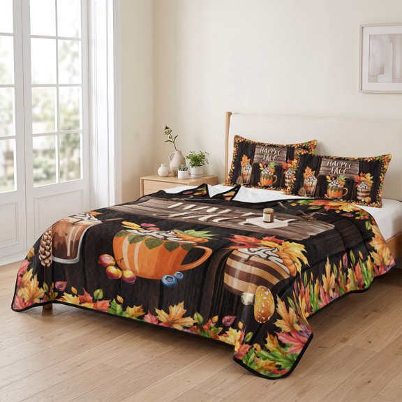 68x98in Quilt Bedding Set, Thanksgiving Maple Leaf Coffee Lightweight Coverlet Summer Comforter Set Soft Microfiber Bedspread, Happy Fall on Brown Board 3 Piece Quilt Set with 2 Pillow Shams