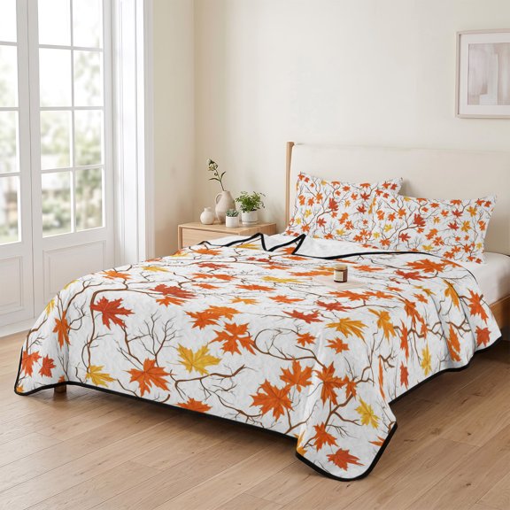 68x98in Quilt Bedding Set, Thanksgiving Maple Leaf Lightweight Coverlet Summer Comforter Set Soft Microfiber Bedspread, Abstract Autumn Plant 3 Piece Quilt Set with 2 Pillow Shams All Seasons Use