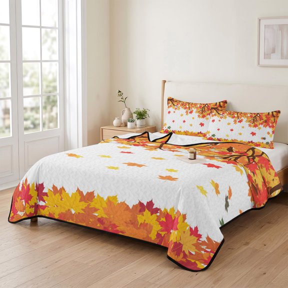68x98in Quilt Bedding Set, Thanksgiving Maple Leaf Lightweight Coverlet Summer Comforter Set Soft Microfiber Bedspread, Watercolor Pastoral Autumn Plant 3 Piece Quilt Set with 2 Pillow Shams