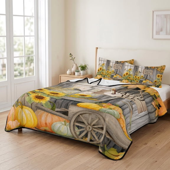 68x98in Quilt Bedding Set, Thanksgiving Pumpkin Retro Cabin Lightweight Coverlet Summer Comforter Set Soft Microfiber Bedspread, Autumn Maple Leaves 3 Piece Quilt Set with 2 Pillow Shams