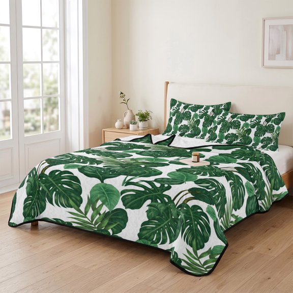 68x98in Quilt Bedding Set, Tropical Plants Turtle Backwood Lightweight Coverlet Summer Comforter Set Soft Microfiber Bedspread, Watercolor Green Leaves 3 Piece Quilt Set with 2 Pillow Shams