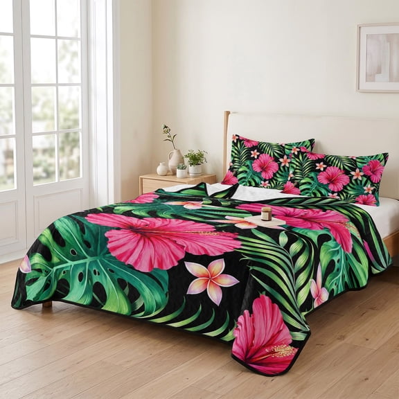 68x98in Quilt Bedding Set, Vibrant Pink Hibiscus Floral Lightweight Coverlet Summer Comforter Set Soft Microfiber Bedspread, Tropical Foliage Pattern 3 Piece Quilt Set with 2 Pillow Shams